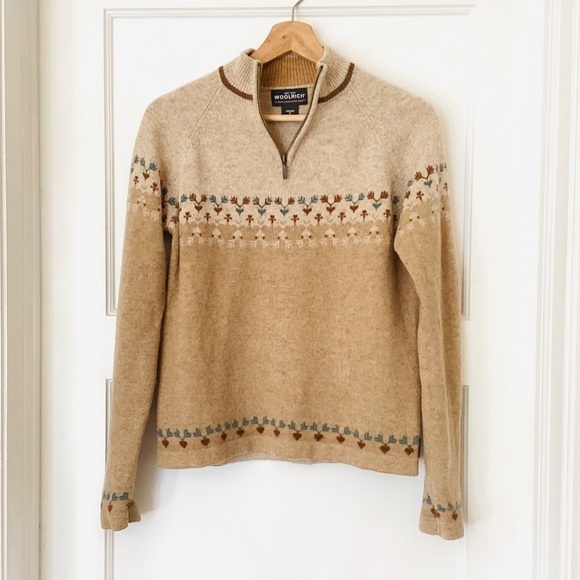 𝅺Woolrich Women’s Lamb’s Wool 1/4 zip Sweater M Raglan Skiing Fair Isle Camel - Picture 12 of 12